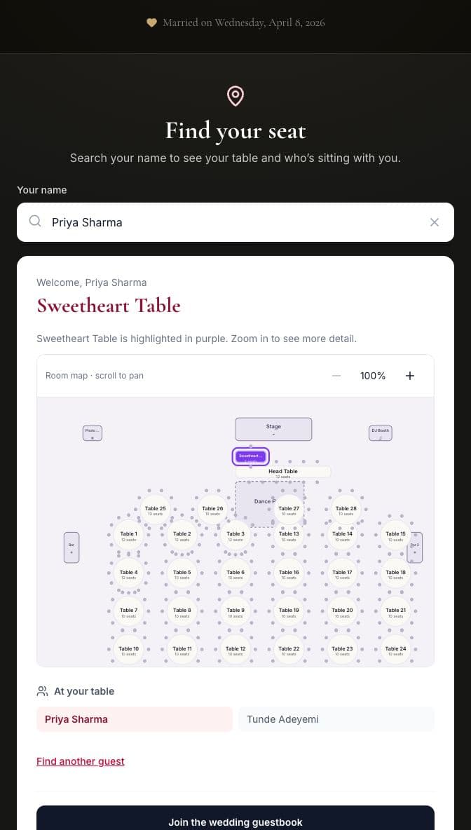 Sample guest Priya Sharma assigned to the Sweetheart Table, highlighted on the guest map