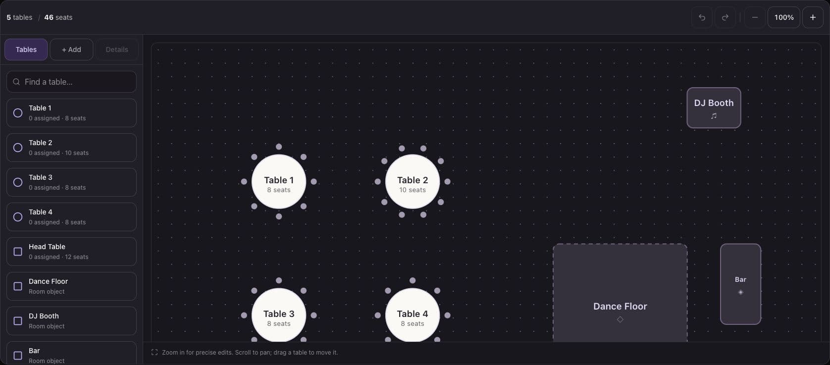 Amara seating editor with searchable tables, room objects, and zoom controls