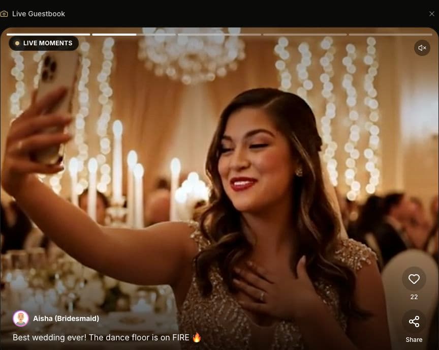 Amara demo video guestbook showing a sample wedding message and playback controls
